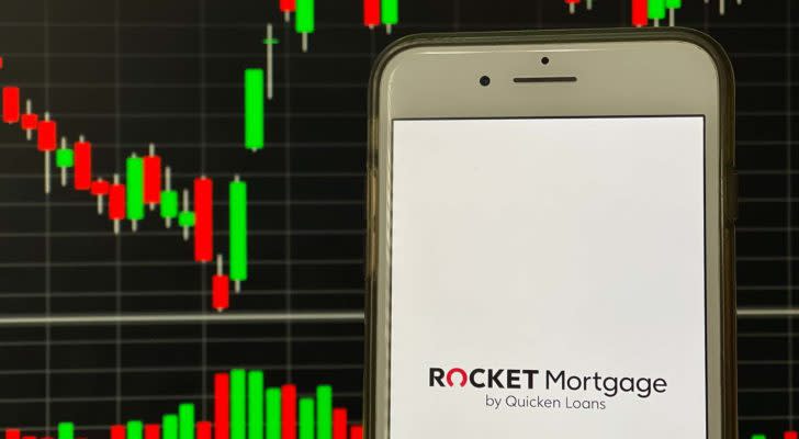 The logo for Rocket Companies displayed on a smartphone screen (RKT).
