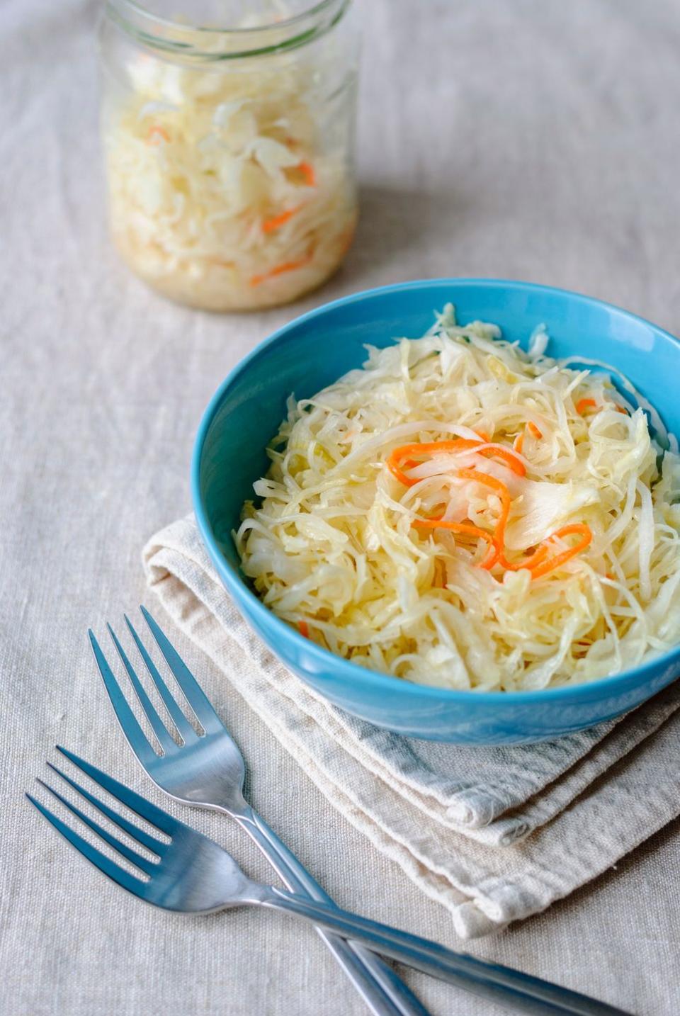 <p>Made from fermented cabbage, this tangy condiment is packed with gut-boosting <a href="https://www.prevention.com/food-nutrition/healthy-eating/g23310235/probiotic-foods-for-gut-health/" rel="nofollow noopener" target="_blank" data-ylk="slk:probiotics;elm:context_link;itc:0;sec:content-canvas" class="link ">probiotics</a>—a.k.a. good bacteria—making it a nutritional must-have for women over 40. Research shows that these that healthy bugs may improve your <a href="https://www.cambridge.org/core/journals/british-journal-of-nutrition/article/effect-of-lactobacillus-rhamnosus-lgg-and-bifidobacterium-animalis-ssp-lactis-bb12-on-healthrelated-quality-of-life-in-college-students-affected-by-upper-respiratory-infections/960C36F3B9062F63991FC406F9141EC9" rel="nofollow noopener" target="_blank" data-ylk="slk:immune function;elm:context_link;itc:0;sec:content-canvas" class="link ">immune function</a>, <a href="https://www.sciencedirect.com/science/article/pii/S0899900715003913" rel="nofollow noopener" target="_blank" data-ylk="slk:mood;elm:context_link;itc:0;sec:content-canvas" class="link ">mood</a>, <a href="https://academic.oup.com/ajcn/article/100/4/1075/4576460" rel="nofollow noopener" target="_blank" data-ylk="slk:digestive system;elm:context_link;itc:0;sec:content-canvas" class="link ">digestive system</a>, and even your <a href="https://www.ncbi.nlm.nih.gov/pmc/articles/PMC5418745/" rel="nofollow noopener" target="_blank" data-ylk="slk:skin;elm:context_link;itc:0;sec:content-canvas" class="link ">skin</a>. </p><p><strong>Try it:</strong> <a href="https://www.prevention.com/food-nutrition/recipes/a20523474/chicken-reuben-quesadillas/" rel="nofollow noopener" target="_blank" data-ylk="slk:Chicken Reuben Quesadillas With Sauerkraut;elm:context_link;itc:0;sec:content-canvas" class="link ">Chicken Reuben Quesadillas With Sauerkraut</a></p>