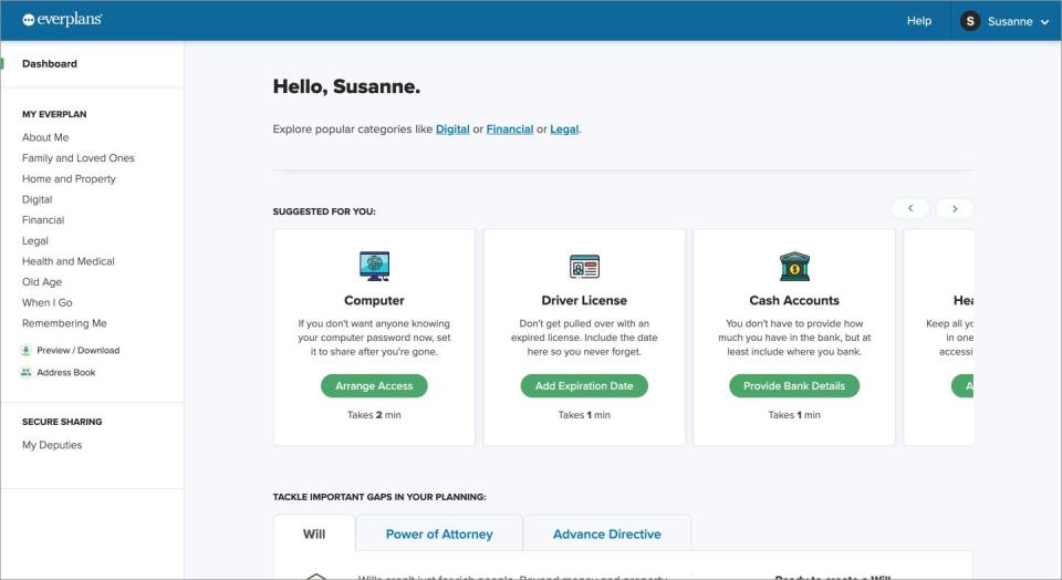 Everplans' dashboard puts your financial documents, advanced directive, will and power of attorney all in one place.