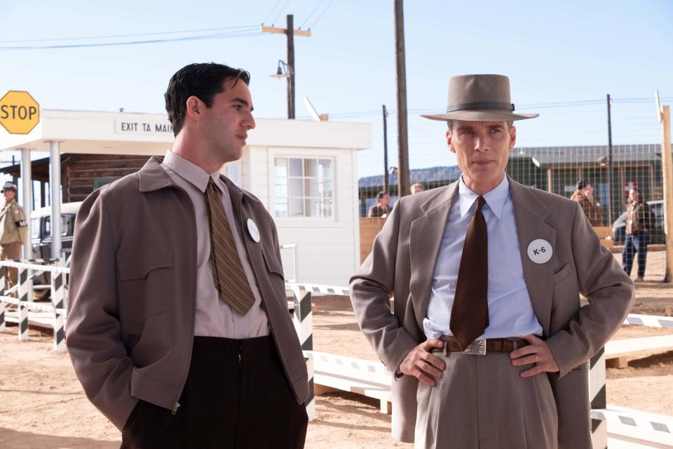 L to R: Benny Safdie is Edward Teller and Cillian Murphy is J. Robert Oppenheimer in OPPENHEIMER, written, produced, and directed by Christopher Nolan. (Universal)