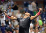 Aug 31, 2015; New York, NY, USA; Rafael Nadal of Spain celebrates after beating Borna Coric of Croatia on day one of the 2015 US Open tennis tournament at USTA Billie Jean King National Tennis Center. Mandatory Credit: Robert Deutsch-USA TODAY Sports