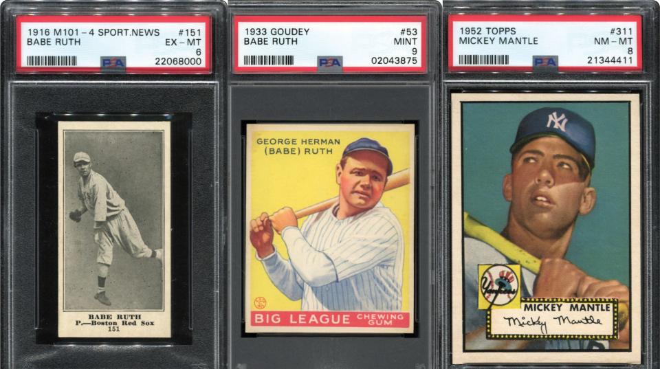 Three of the most valuable items in Dr. Thomas Newman's collection are (from left) a 1916 Sporting News Babe Ruth rookie card, a 1933 Goudey Babe Ruth card and a 1952 Topps Mickey Mantle card.