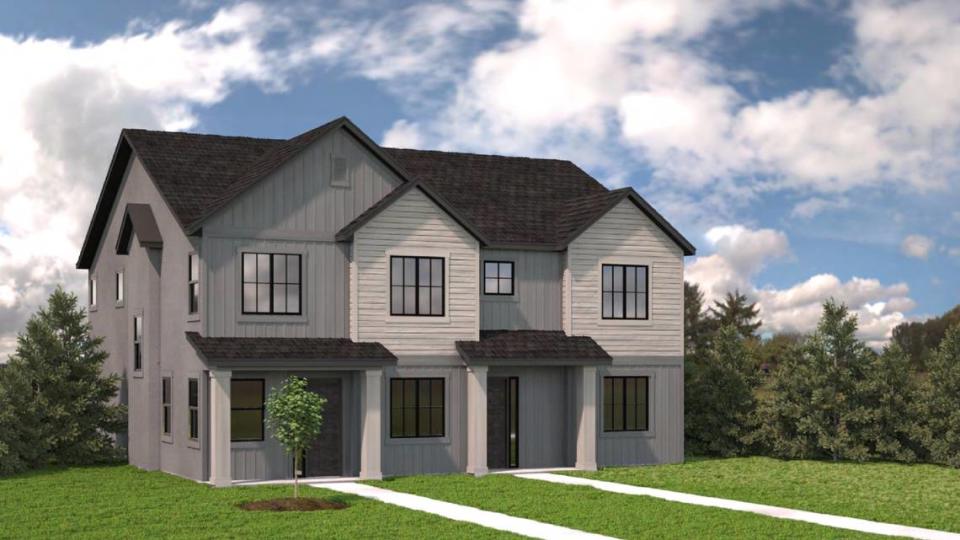 This rendering shows a potential design for a duplex on the site.