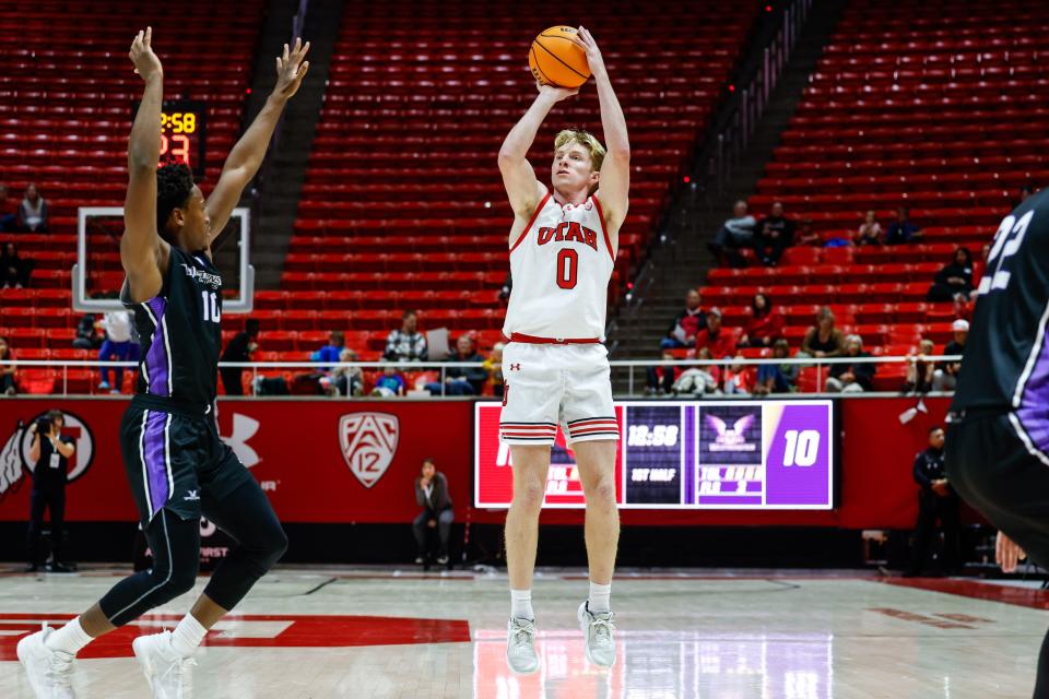 Utah guard Hunter Erickson shoots a 3-pointer against Westminster during an exhibition game at the Huntsman Center in Salt Lake City on Wednesday, Nov. 1, 2023. | Hunter Dyke/Utah Athletics