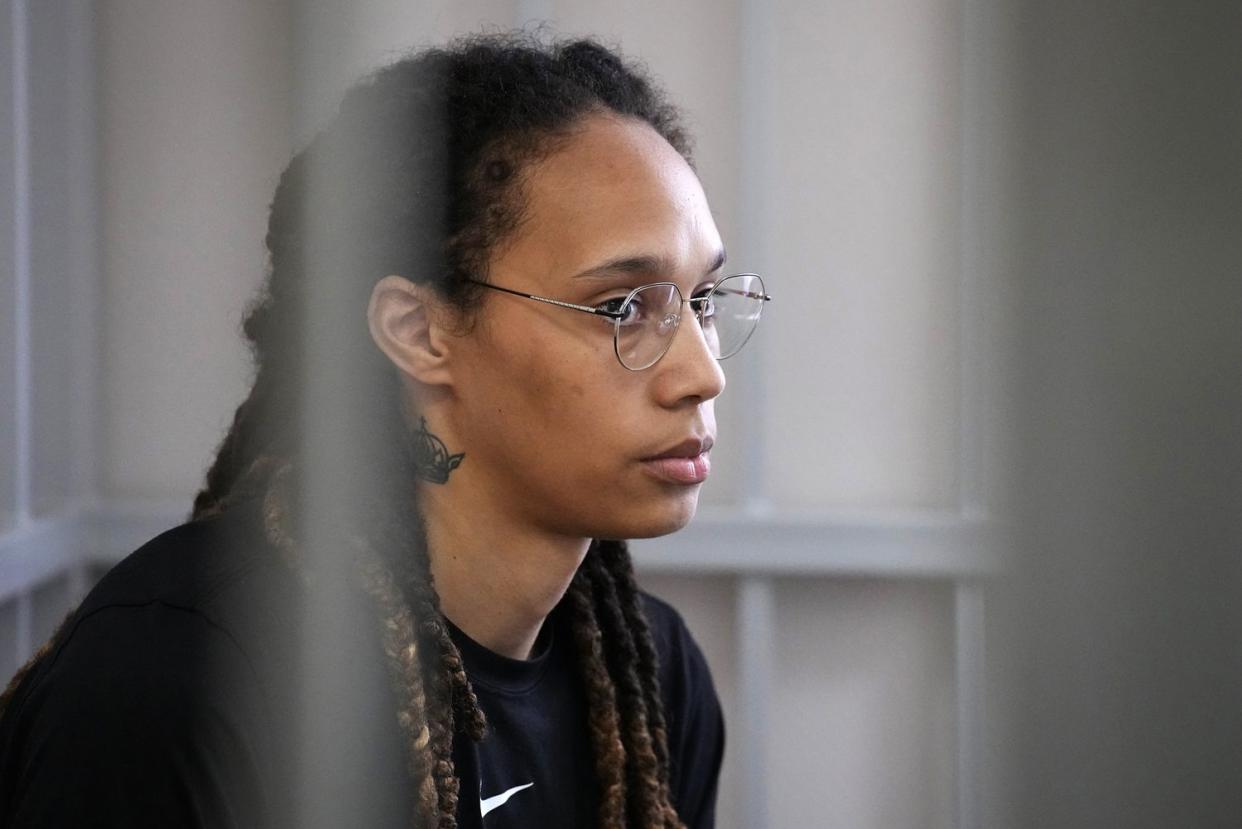 WNBA star and two-time Olympic gold medalist Brittney Griner sits in a cage in a courtroom prior to a hearing at the Khimki City Court outside Moscow, Russia, 27 July 2022. Griner, a World Champion player of the WNBA's Phoenix Mercury team was arrested in February at Moscow's Sheremetyevo Airport after some hash oil was detected and found in her luggage, for which she now could face a prison sentence of up to ten years. US basketball player Brittney Griner attends hearing on drug charges, Moscow, Russian Federation - 27 Jul 2022