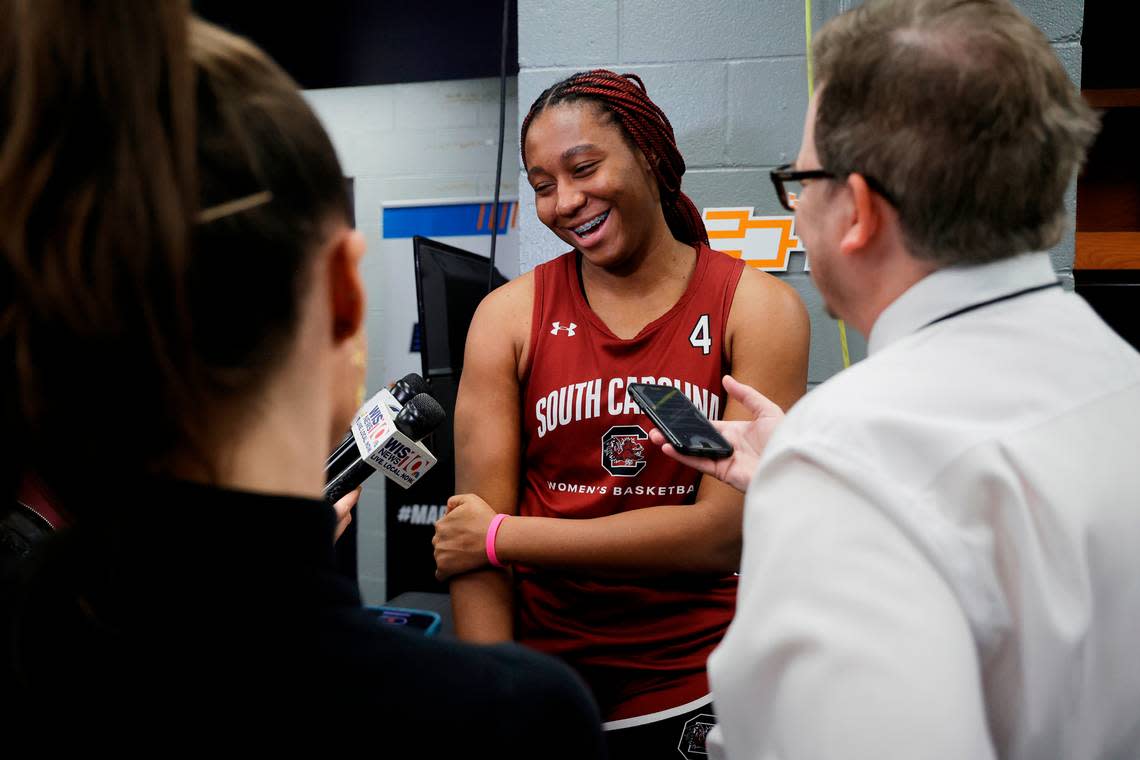 South Carolina answers questions from media at the Bon Secours Wellness Arena in Greenville, South Carolina on Sunday, March 26, 2023.