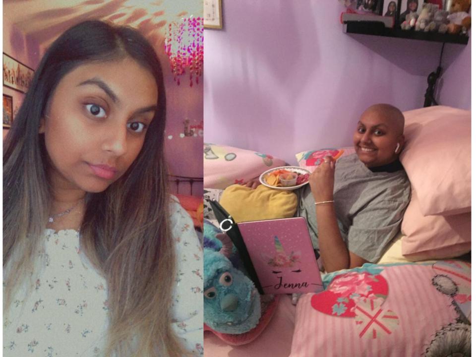 Left: Jenna Patel poses in her bedroom for a photo. Right: Jenna Patel lies in bed during chemotherapy treatment