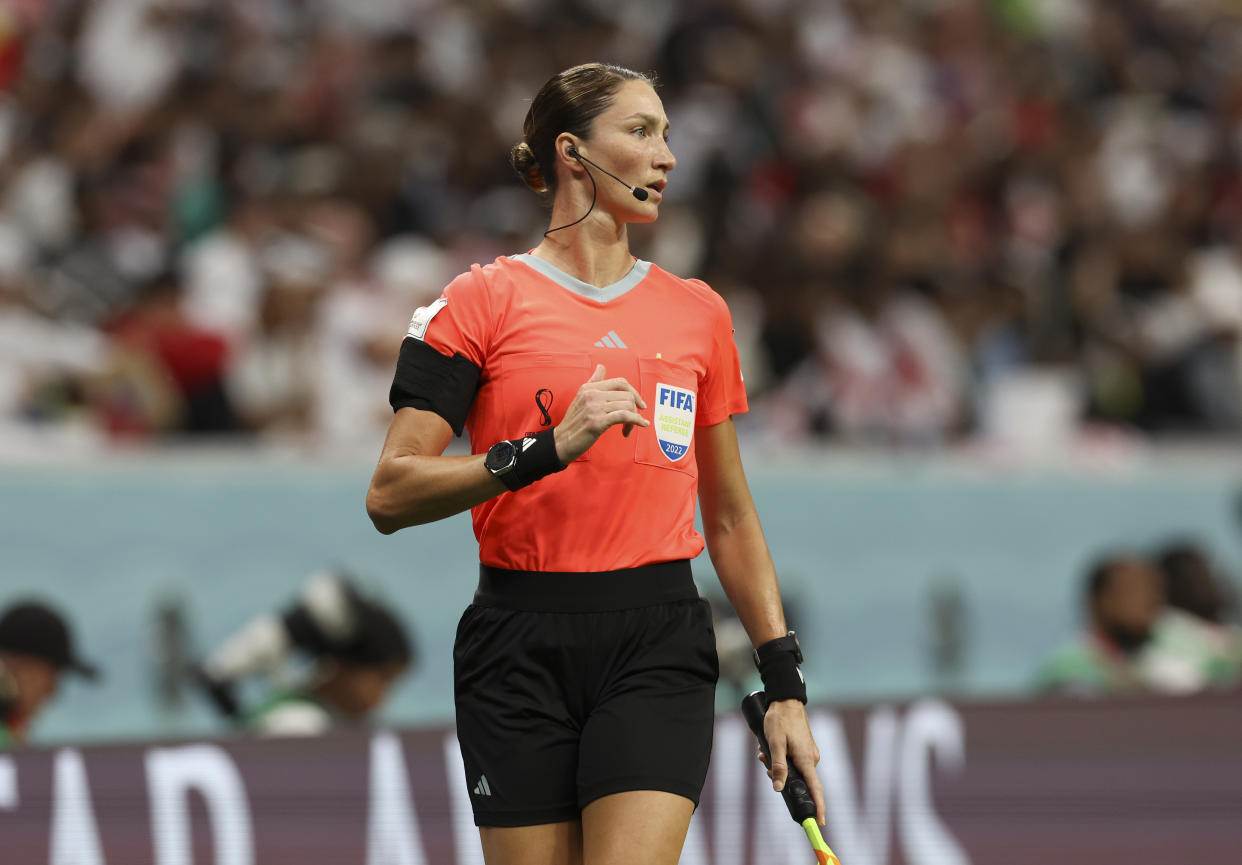 AL KHOR, QATAR - DECEMBER 04: Assistant referee, Kathryn Nesbitt is seen during the FIFA World Cup Qatar 2022 Round of 16 match between England and Senegal at Al Bayt Stadium on December 04, 2022 in Al Khor, Qatar. (Photo by Ian MacNicol/Getty Images)