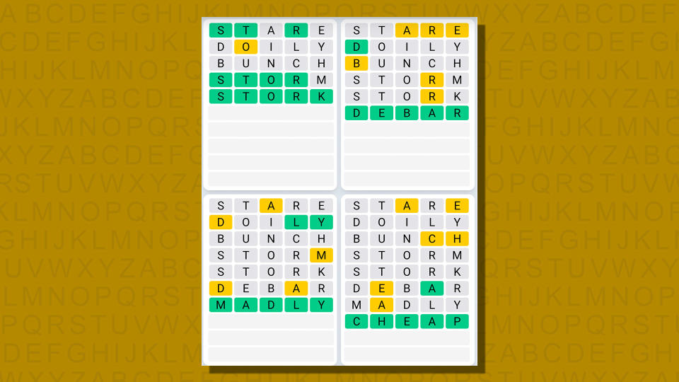 Quordle daily sequence answers for game 771 on a yellow background