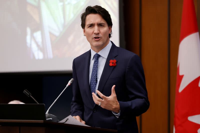 FILE PHOTO: Canada's Prime Minister Justin Trudeau speaks during a Liberal caucus meeting on Parliament Hill in Ottawa