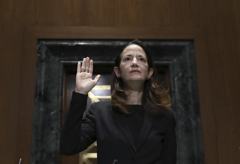President-elect Joe Biden’s pick for national intelligence director Avril Haines is sworn in during a confirmation hearing before the Senate intelligence committee on Tuesday, Jan. 19, 2021, in Washington. (Joe Raedle/Pool via AP)