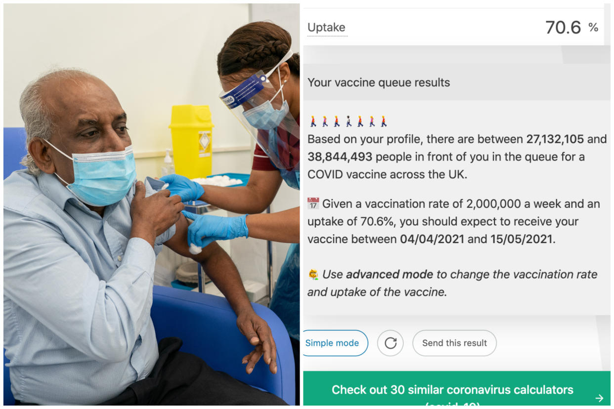 This calculator can show you where you are in the vaccine queue if two millions jabs a week are delivered. (PA/Omni Calculator)