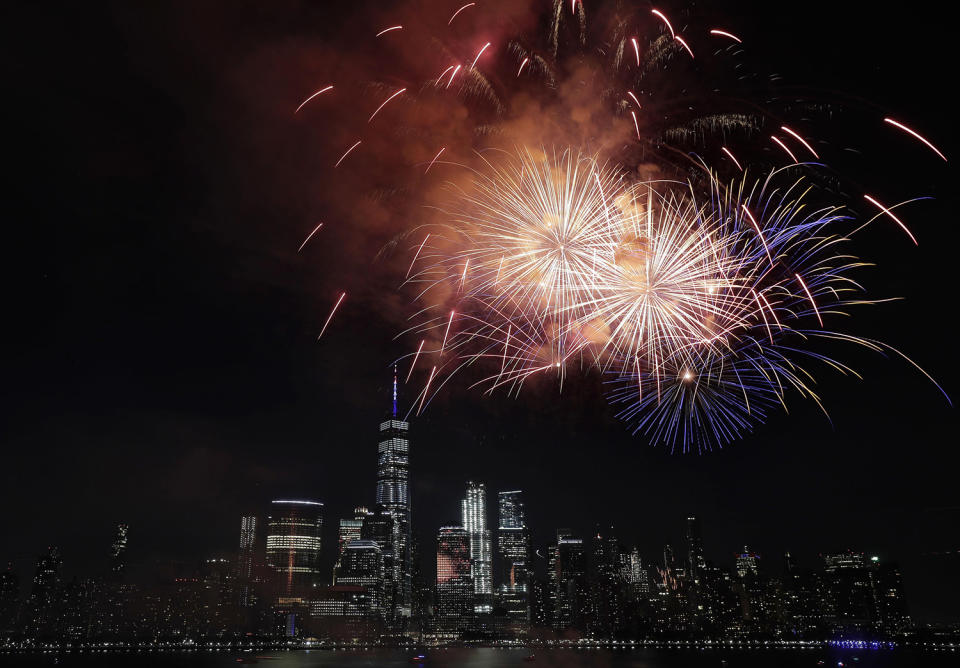 <p>With the New York City skyline in the background, fireworks explode over the Hudson River during the Jersey City Fourth of July fireworks celebration Tuesday, July 4, 2017, as seen from Jersey City, N.J. (AP Photo/Julio Cortez) </p>