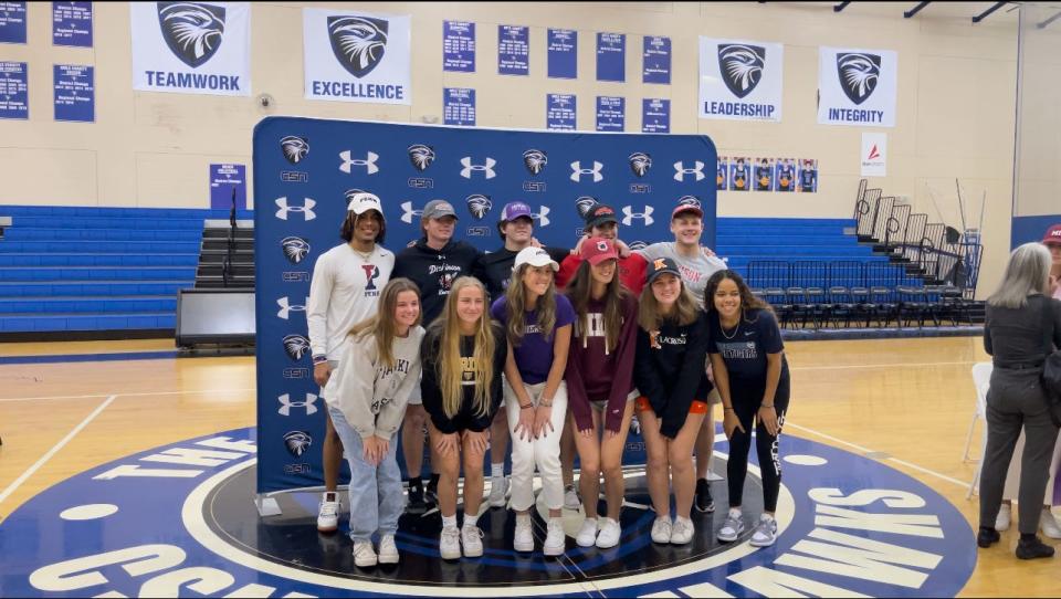 Top row, from L to R: Darius Beauvoir, Ramsey Huggins, Chase Atterbury, Michael Mario, and Grayson Kerscher. Bottom row, from L to R: Emma Smith, Alexis Purdy, Lily Dounchis, Sophia Min, Mackenzie Newhall, and Kiara Cabrera. All 11 athletes signed their letters of intent on Wednesday, Feb. 1, 2023.