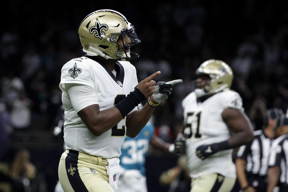 New Orleans Saints quarterback Jameis Winston (2) reacts after throwing a touchdown pass in the first half of an NFL preseason football game against the Jacksonville Jaguars in New Orleans, Monday, Aug. 23, 2021. (AP Photo/Derick Hingle)