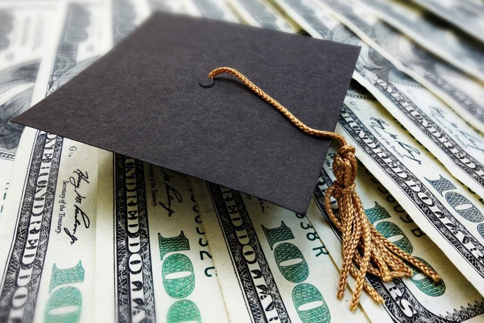 Graduation cap sits on top of $100 bills.