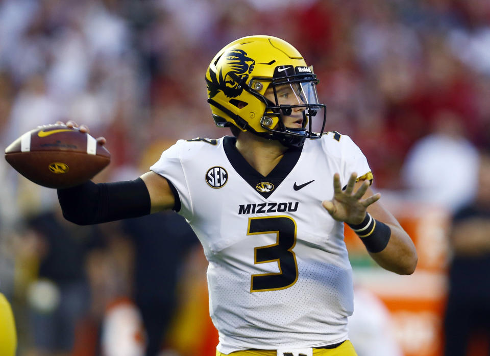 Missouri quarterback Drew Lock (3) begins to throw a pass during the first half of the team's NCAA college football game against Alabama, Saturday, Oct. 13, 2018, in Tuscaloosa, Ala. (AP Photo/Butch Dill)