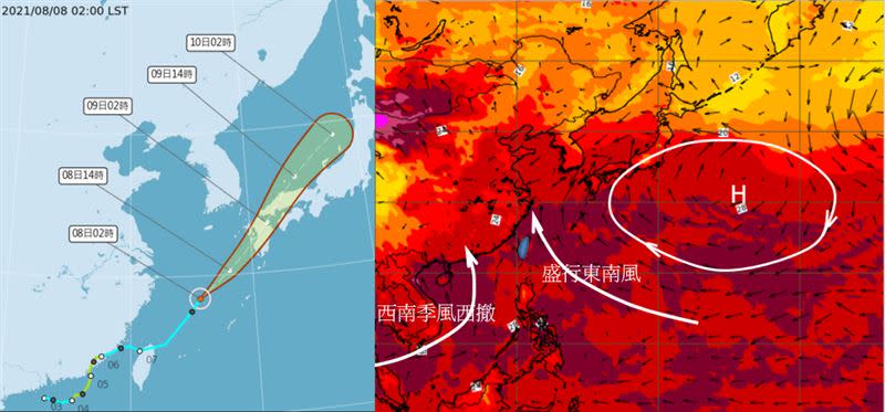 圖：今(8日)晨2時「路徑潛勢預測圖」顯示，「熱帶低壓」再度發展為「輕颱」，仍命名「盧碧」，在台灣東北方海面；朝東北快速移動，今晚直撲日本九州(左圖)。最新(7日20時)歐洲(ECMWF)模式，模擬14日20時近地面(30米)風場顯示，「西南季風」西撤；台灣在「太平洋高壓」西南側，轉為盛行東南風(右圖)。