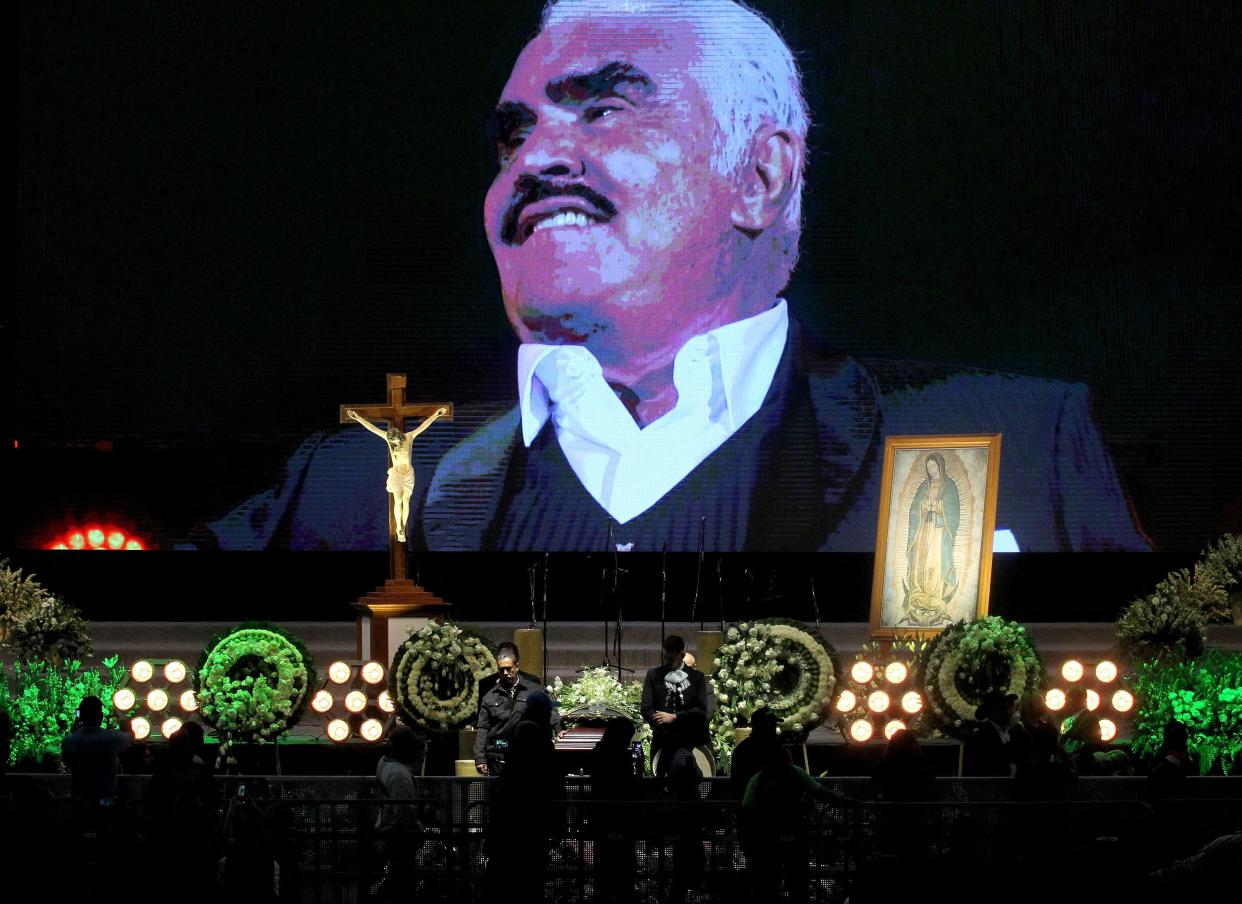 The coffin of Mexican singer Vicente Fernández is displayed during his funeral at "Los Tres Potrillos" ranch in Tlajomulco de Zuñiga, Jalisco state, Mexico, on Dec. 13, 2021.