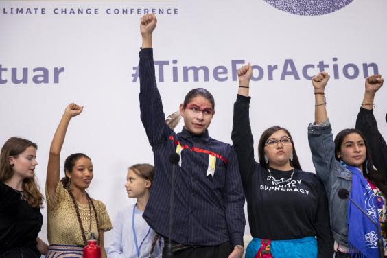 Greta Thunberg stands during a press conference with Fridays For Future movement at the COP25 Climate Conference on Monday (Getty Images)