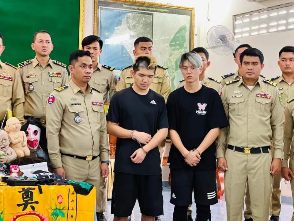 <strong>晚安小雞、阿鬧在柬埔寨遭逮捕判刑。（圖／翻攝柬埔寨國家警察副局長臉書）</strong>