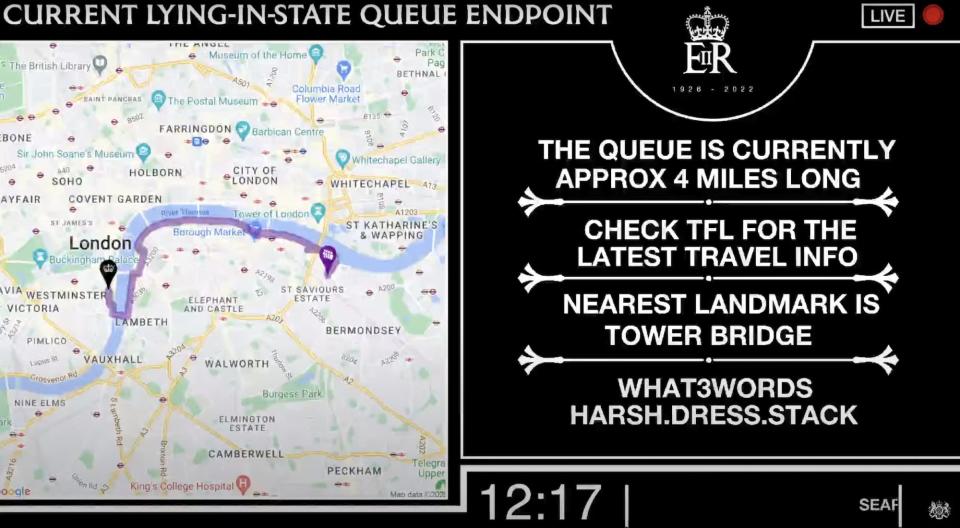 A still from the UK Department for Digital, Culture, Media & Sport's livestream of the queue to visit Queen Elizabeth II's coffin on Thursday afternoon.