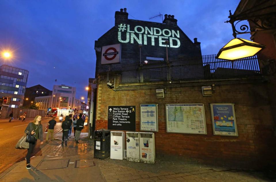 The words #LondonUnited were illuminated onto the wall of the Muslim Welfare House (NIGEL HOWARD)