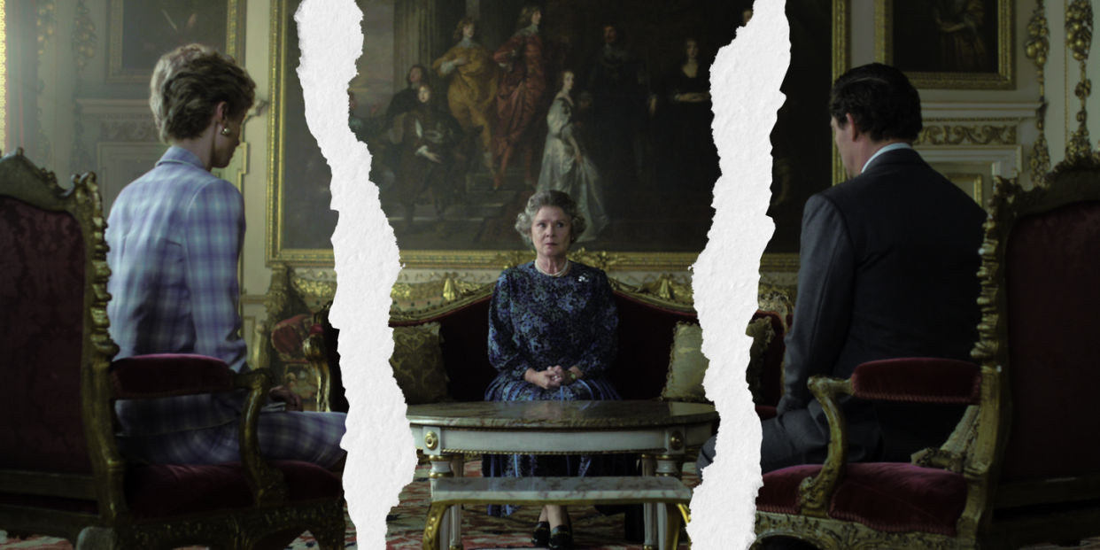 imelda staunton, dominic west and elizabeth debicki in season 5 of the crown