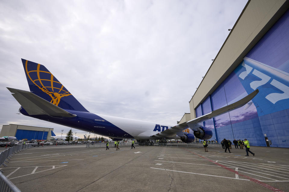 The final Boeing 747 sits on the tarmac outside of the factory at a ceremony for delivery, Tuesday, Jan. 31, 2023, in Everett, Wash. Since it debuted in 1969, the 747 has served as a cargo plane, a commercial aircraft capable of carrying nearly 500 passengers, and the Air Force One presidential aircraft. (AP Photo/John Froschauer)