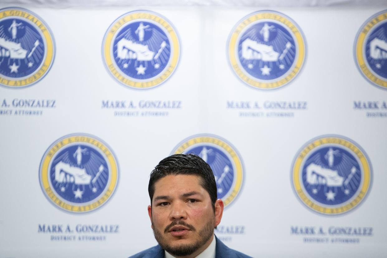 Nueces County District Attorney Mark Gonzalez speaks during a press conference at the Nueces County Courthouse in April 2019.