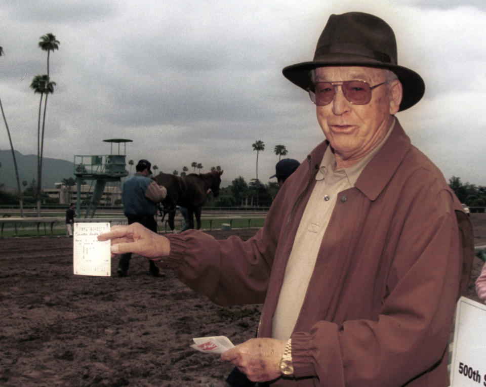 In an April 4, 2004 photo provided by Benoit Photo, Mel Stute is seen at Santa Anita Park in Arcadia, Calif. Mel Stute, trainer of 1986 Preakness winner and Eclipse Award champion 3-year-old male Snow Chief, died Wednesday, Aug. 12, 2020. He was 93.(Benoit Photo via AP)