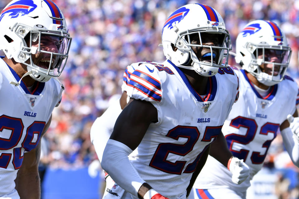 Buffalo Bills cornerback Tre'Davious White (27) flanked by cornerback Kevin Johnson (29) and strong safety Micah Hyde (23)