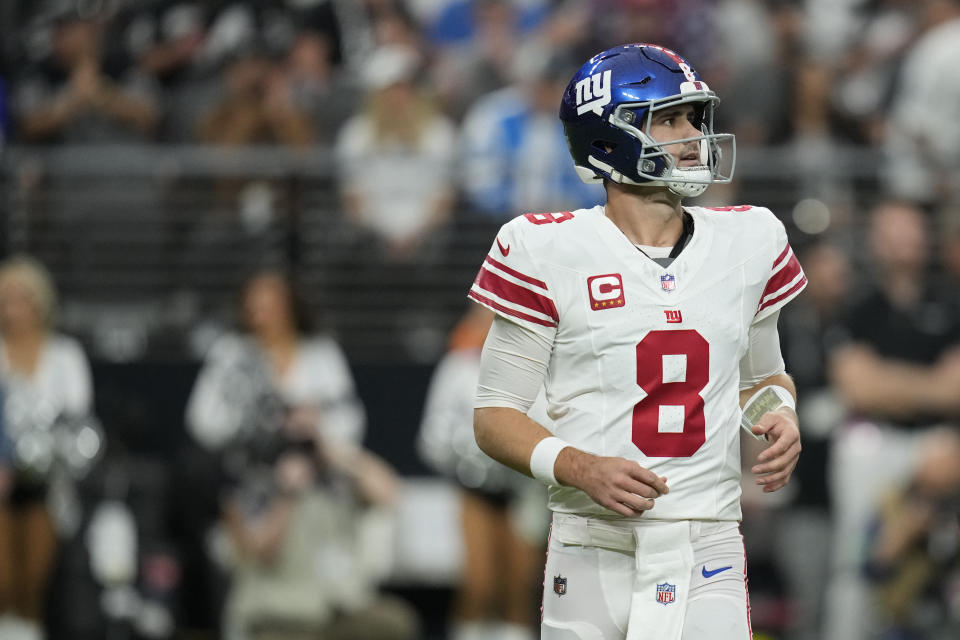 New York Giants quarterback Daniel Jones (8) plays against the Las Vegas Raiders during an NFL football game, Thursday, Nov. 9, 2023, in Las Vegas. (AP Photo/John Locher)