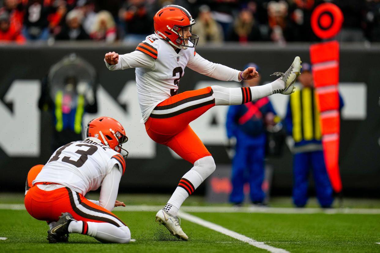 Cleveland Browns place kicker Cade York (3) kicks a field goal in the second quarter of the NFL Week 14 game between the Cincinnati Bengals and the Cleveland Browns at Paycor Stadium in Cincinnati on Sunday, Dec. 11, 2022. The Bengals led 13-3 at halftime.