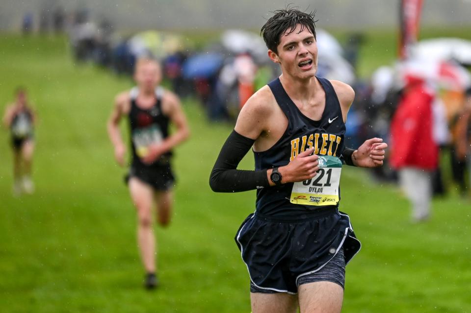 Haslett's Dylan Lydic crosses the finish line during the Greater Lansing Cross Country Championships on Saturday, Oct. 14, 2023, at Ledge Meadows Golf Course in Grand Ledge.