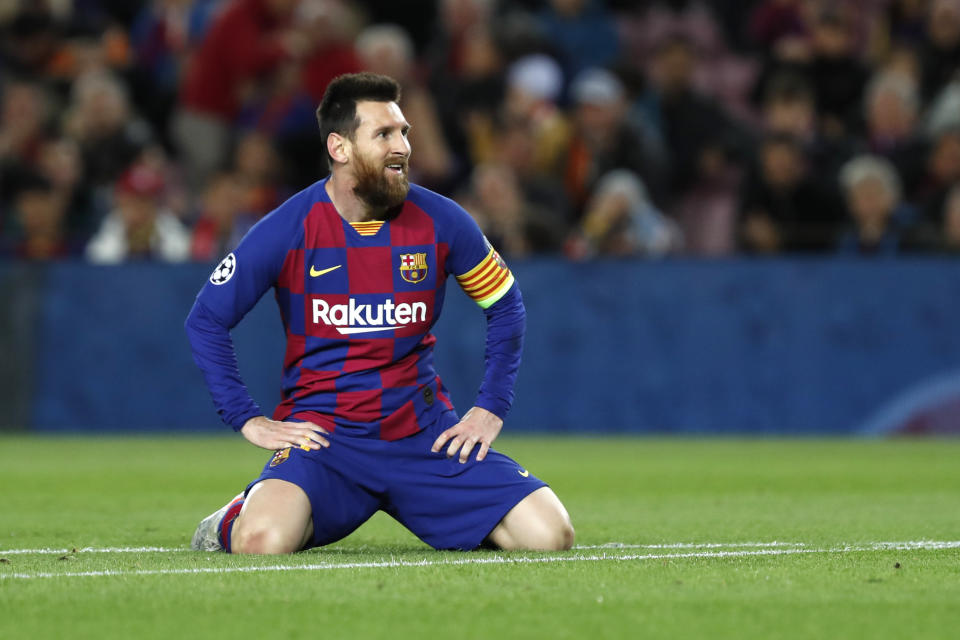 FILE - In this Nov. 5, 2019 file photo, Barcelona's Lionel Messi reacts during a Champions League Group F soccer match against Slavia Praha at Camp Nou stadium in Barcelona, Spain. Lionel Messi has told Barcelona he wants to leave the club after nearly two decades with the Spanish giants. The club has confirmed that the Argentina great has sent a note expressing his desire to leave. The announcement comes 11 days after Barcelona's humiliating 8-2 loss to Bayern Munich in the Champions League quarterfinals, one of the worst in the player's career and in the club's history. (AP Photo/Joan Monfort, File)