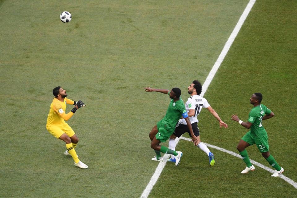 Salah lobs the Saudi Arabia goalkeeper to score for Egypt at the 2018 World Cup (Getty Images)