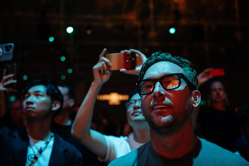 NASHVILLE, TENNESSEE - JULY 26: Attendees watch as Independent Presidential candidate Robert F. Kennedy Jr. gives a keynote speech during the Bitcoin 2024 conference at Music City Center July 26, 2024 in Nashville, Tennessee. The conference, which is aimed at bitcoin enthusiasts, features multiple vendor and entertainment spaces and seminars by celebrities and politicians. (Photo by Jon Cherry/Getty Images)