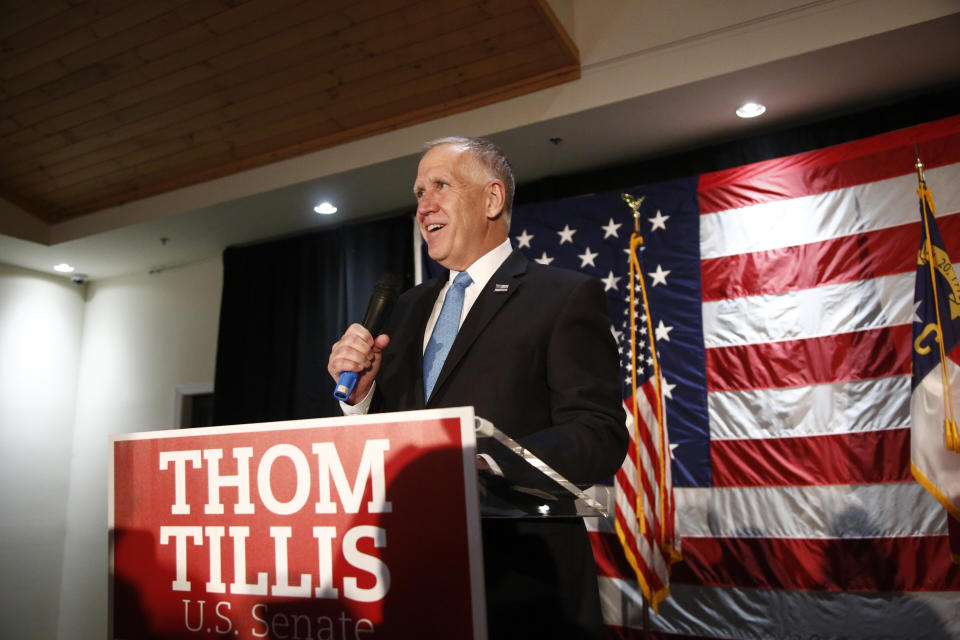 Sen. Thom Tillis (R-N.C.) celebrates his reelection against Democratic challenger Cal Cunningham on election night in Mooresville, North Carolina. Cunningham seemed set to unseat the unpopular incumbent, but a sex scandal helped doom his candidacy. (Photo: Brian Blanco via Getty Images)