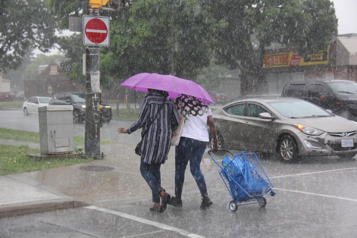 The remnants of Hurricane Beryl brought rain to Windsor on Wednesday, resulting in some pooling of water on city streets. (Mike Evans/CBC - image credit)