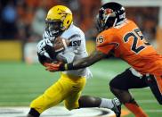 Running back Marion Grice #1 of the Arizona State Sun Devils bobbles the ball as he makes a catch with safety Ryan Murphy #25 of the Oregon State Beavers defending in the second quarter of the game on November 3, 2012 at Reser Stadium in Corvallis, Oregon. (Photo by Steve Dykes/Getty Images)
