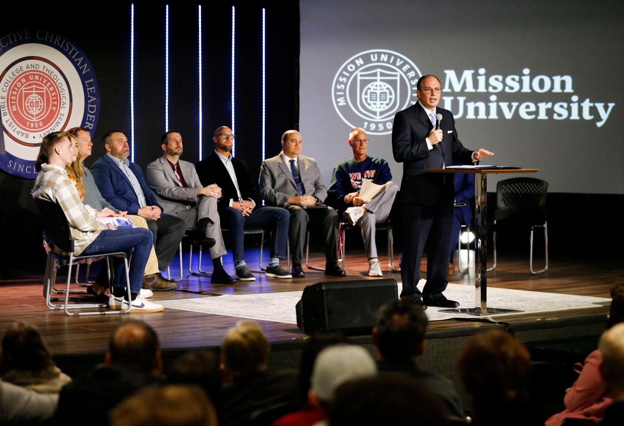 Mark Milioni, president of Bible Baptist College, announces that the private Christian school in north Springfield is changing its name to Mission University on Thursday, Jan. 25, 2024.