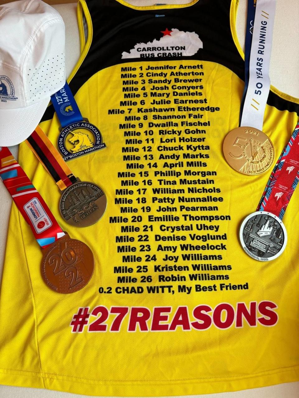 The shirt containing the names of all 27 people who died in the Carrollton bus crash that Jason Booher wears to run in marathons. Photo provided