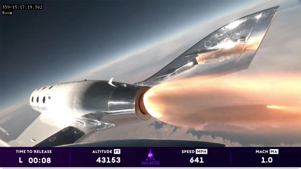 Virgin Galactic's spaceplane is propelled by its rocket motor on its way to a maximum altitude of just over 50 miles. / Credit: Virgin Galactic