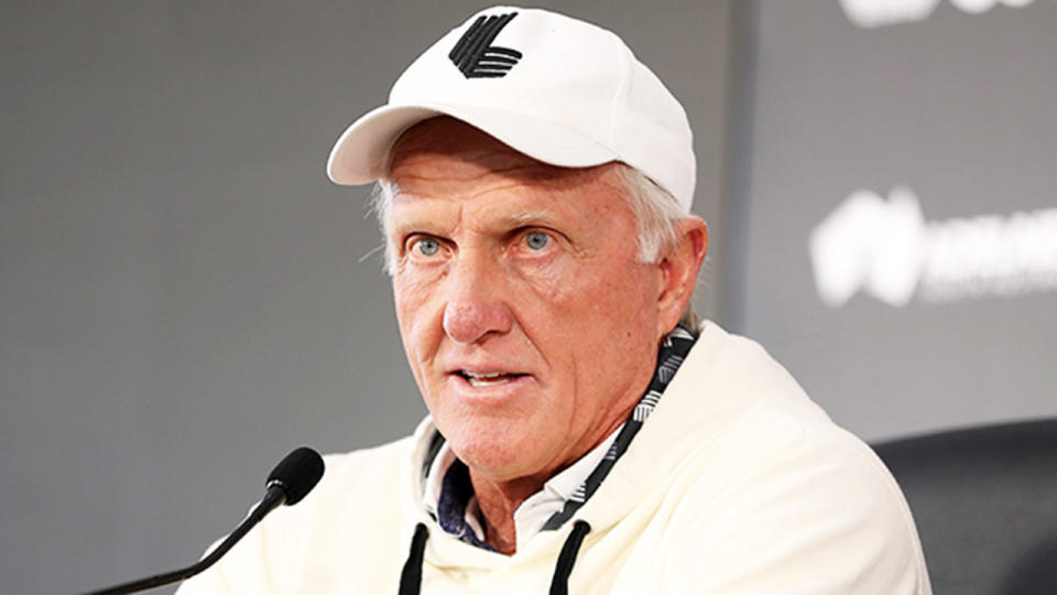 Greg Norman speaking at a LIV Golf press conference.