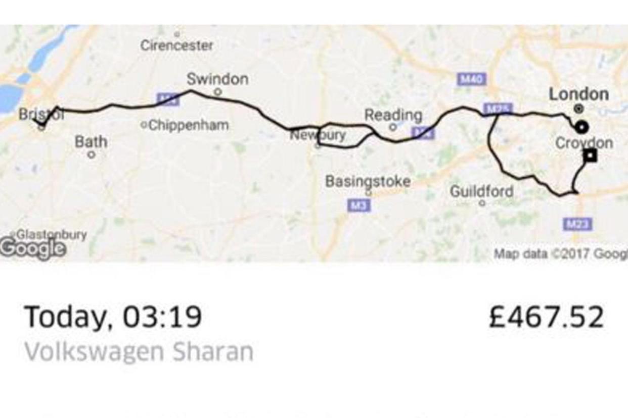 Uber trip: The journey from Tulse Hill to Croydon via Bristol cost £467.52: Twitter / @gracekelly_97