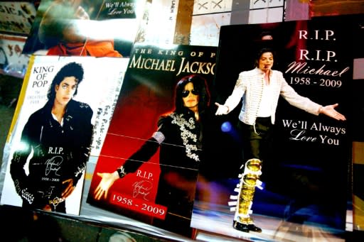 Michael Jackson memorabilia is on display for sale at Times Square in New York City
