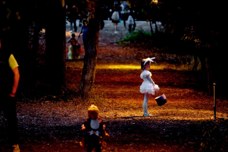 A child visits Storybook Forest at Arcadia Lake in Edmond, Okla, Wednesday, Oct. 23, 2019.