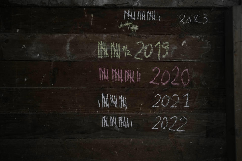 A handwritten accounting of the number of truckloads that arrived is written in chalk on a wall of a barn at the family farm in Ledegem, Belgium, Tuesday, Feb. 13, 2024. Frans Dochy, 82, remembers harvesting beets out of the cold, thick earth by hand for hours, but states that 2024 regulations and bookkeeping registered by computer would have driven him out of farming long ago. (AP Photo/Virginia Mayo)