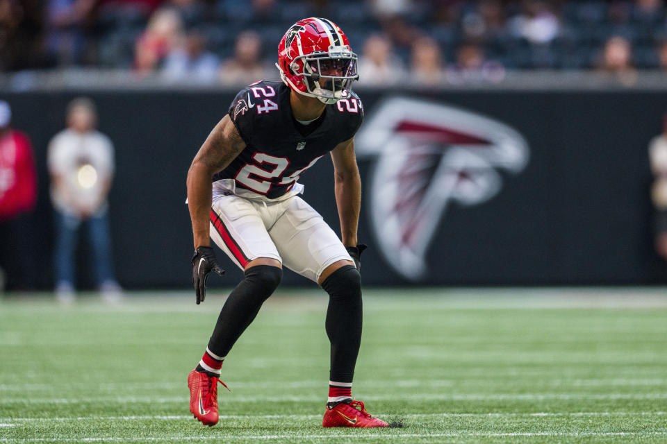 FILE - Atlanta Falcons cornerback A.J. Terrell (24) lines up during the first half of an NFL football game against the San Francisco 49ers, Oct. 16, 2022, in Atlanta. Terrell returned to practice on Wednesday, Nov. 16, after missing three games with a hamstring injury. Coach Arthur Smith said he is “hopeful” Terrell, the team's top defensive back, can return for the team's game against the Chicago Bears on Sunday, Nov. 20. (AP Photo/Danny Karnik, File)